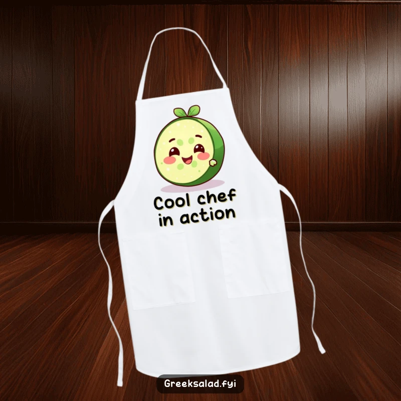 Funny delighted cucumber slice character with a cool expression and refreshing smile on a kitchen apron, cool kitchen companion funny gift.