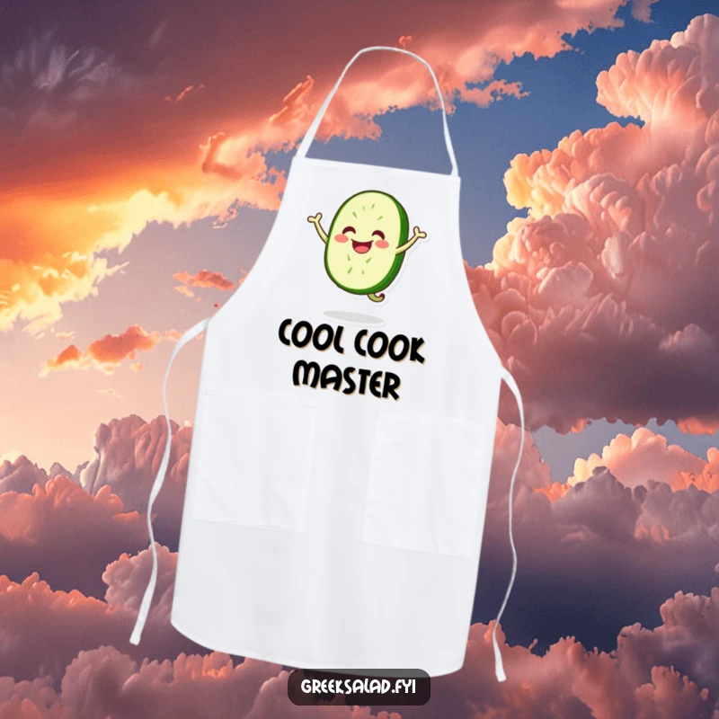 Funny apron with a happy, smiling cucumber slice performing an energetic jump, ideal for kitchen fun and protection while cooking.