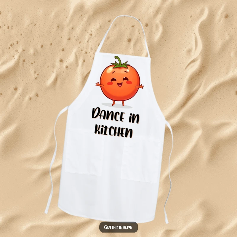 Funny apron featuring a smiling tomato character with tiny legs performing a lively dance, perfect for kitchen fun.