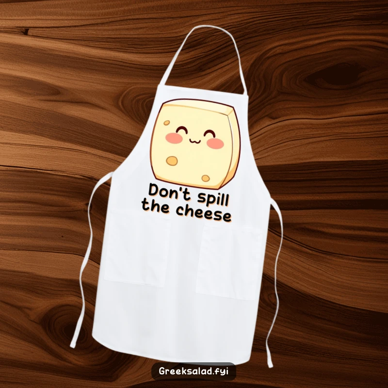 Funny apron design with a shy feta cheese block blushing sweetly, adding a cute and humorous touch to culinary adventures.