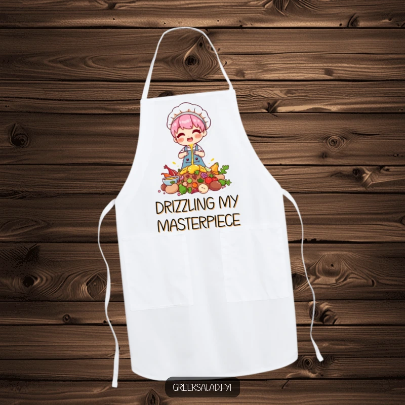 Funny apron showing a chef character happily drizzling over a pile of baking ingredients, perfect for kitchen adventures.