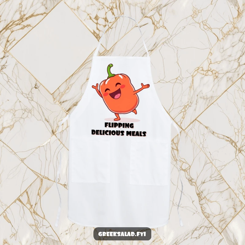 Funny Bell Pepper Cartwheel Apron: A jubilant bell pepper cartwheels, bringing energy and humor to the kitchen.