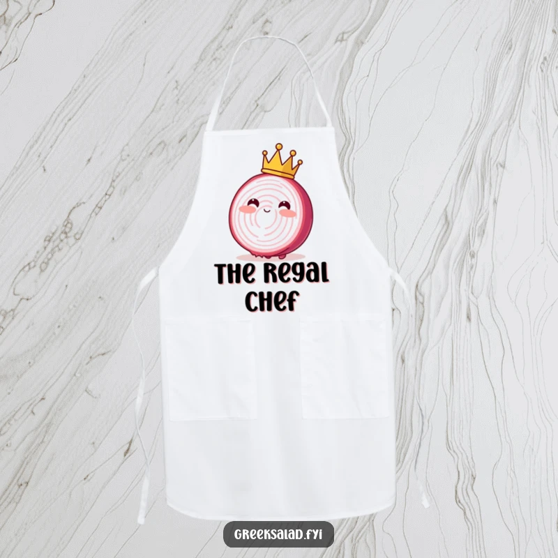 Funny apron with a blushing red onion slice wearing a crown, swaying, perfect for culinary rulers.