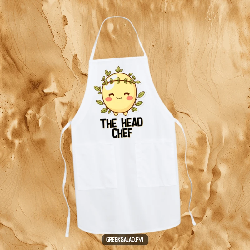 Funny apron illustration of a cheeky olive character with a laurel wreath, designed for kitchen fun with witty sophistication.