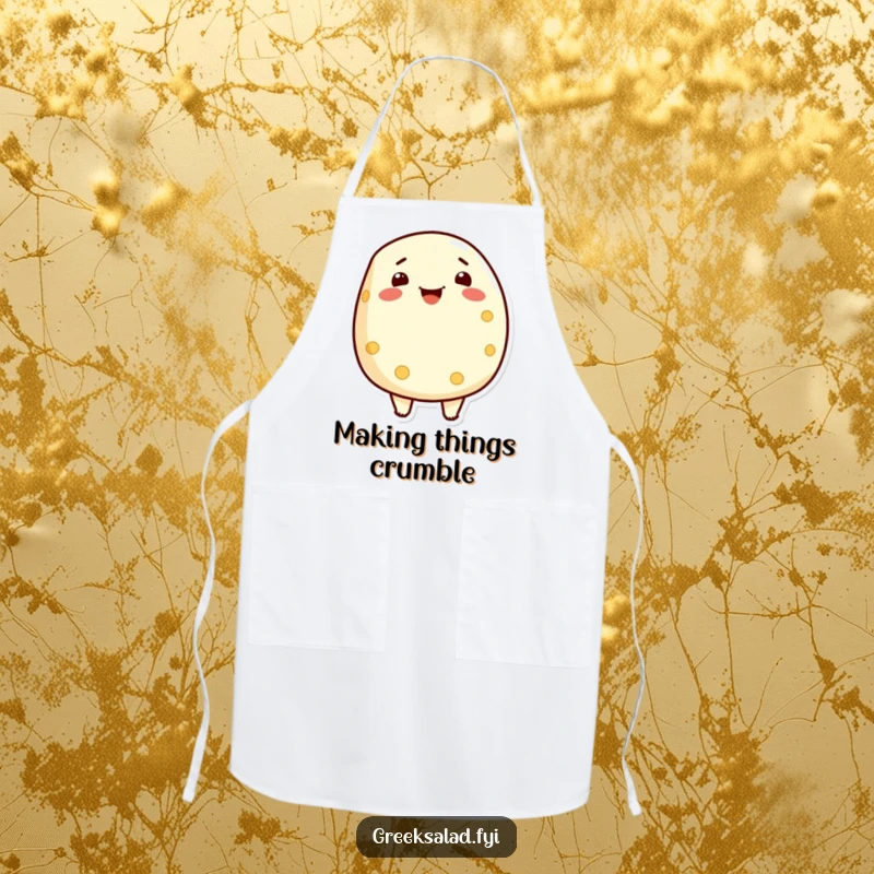 Funny apron with a proud feta cheese character beaming cheerfully, ready to add dairy humor to any cooking session.