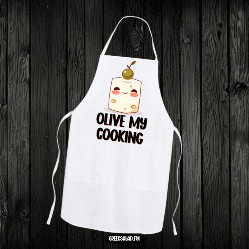 Funny Feta Cheese Olive Apron: A blushing feta cube balances an olive, adding kitchen humor to cooking.