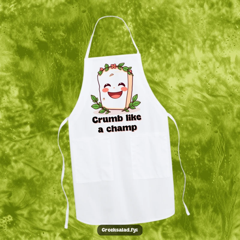 Funny Apron featuring a laughing feta cheese block with a laurel wreath, spinning joyfully, perfect for culinary fun and protection.