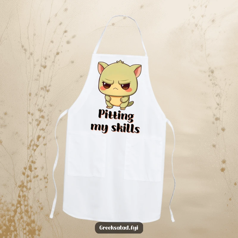 Funny apron design with a grumpy olive character looking intrigued, perfect for adding a touch of witty humor to culinary activities.