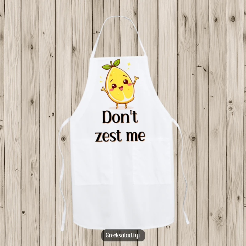 Funny lemon wedge apron showing a lively citrus character wiggling its zest, adding a humorous and energetic touch to cooking.