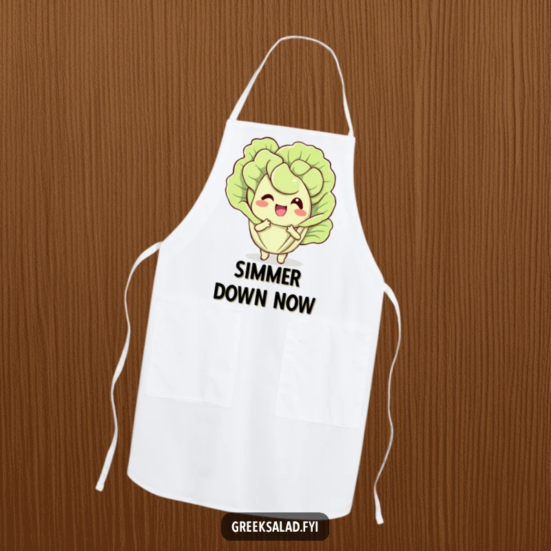 Funny apron showcasing a happy lettuce leaf character fanning itself while cooking, bringing cool humor to the kitchen.