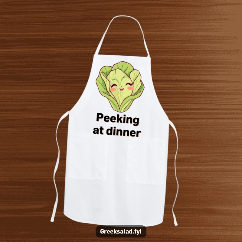 Funny lettuce leaf apron showing a mischievous vegetable character peeking over the top, adding humor to cooking and baking.