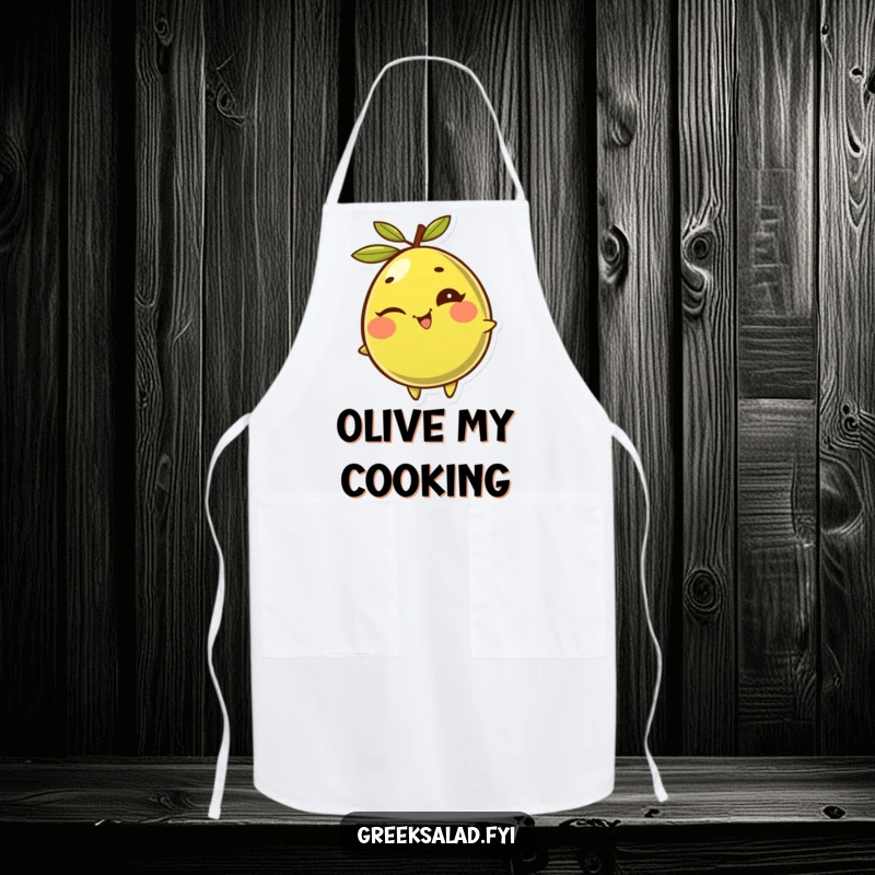 Funny Olive Apron: A giggling, winking olive rolls playfully, ready to add humor to any cooking session.