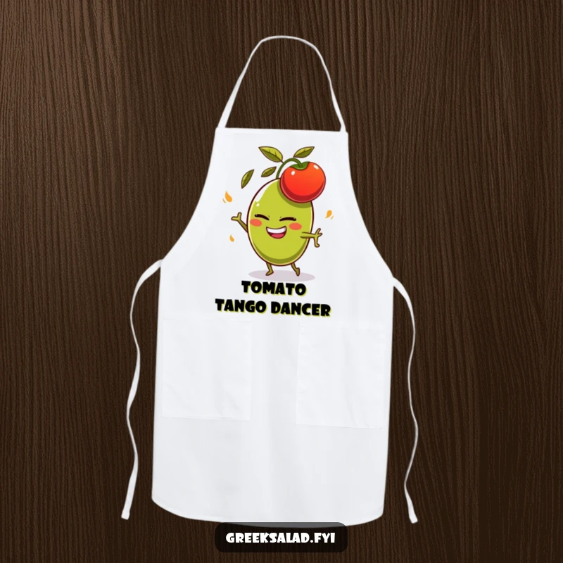 Funny olive character with a mischievous grin, comically dodging a flying tomato on a kitchen apron, chef's humor funny gift.