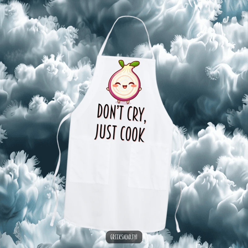 Funny apron with a giggling red onion slice character doing a playful spin, ready to add humor to any cooking session.