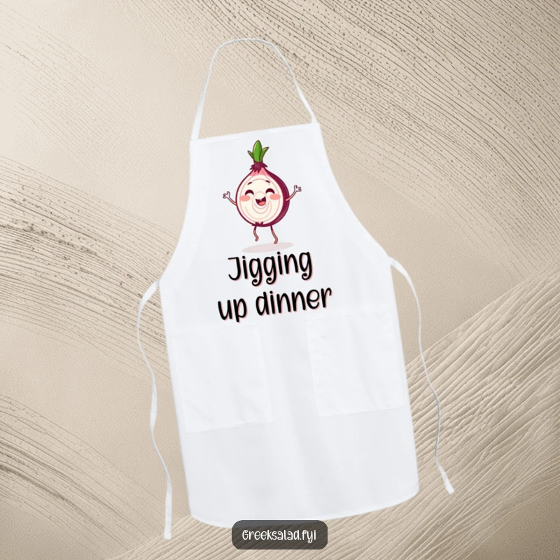 Funny Red Onion Jig Apron: A gleeful red onion slice dances, bringing joy and humor to the kitchen.