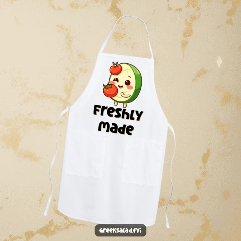 Funny apron illustration of a shy cucumber slice character holding a cherry tomato, designed for kitchen protection with cute veggie humor.