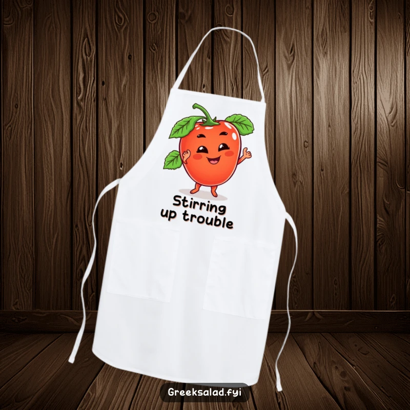 Funny apron showcasing a tomato character with a goofy grin, doing a wobbly dance while cooking, adding humor to the kitchen.