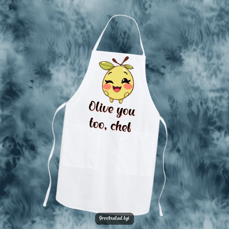 Funny apron showing a smiling olive character winking playfully, perfect for adding humor to kitchen activities.