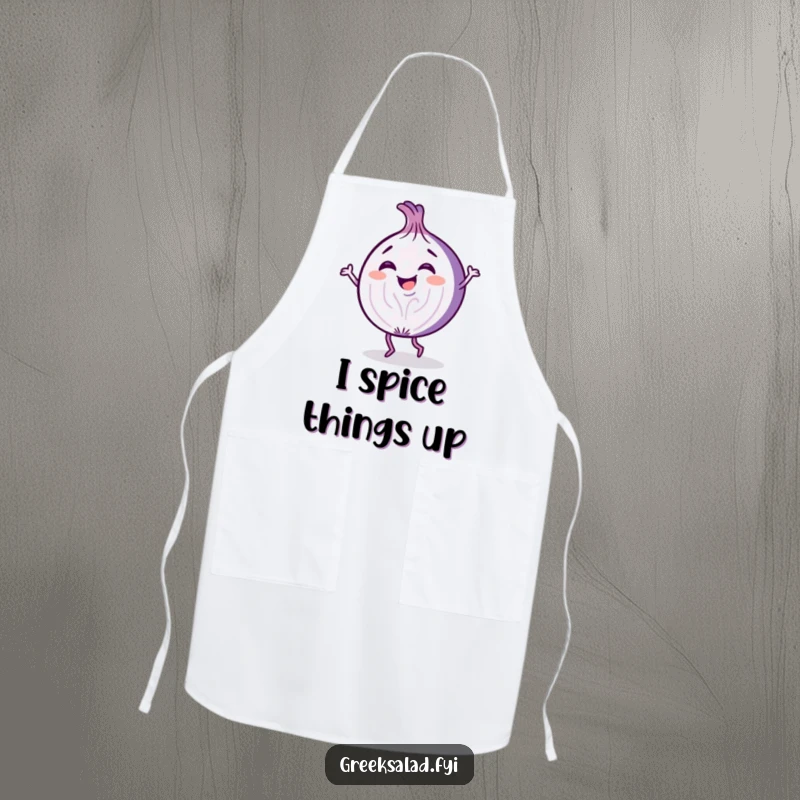 Funny cooking apron featuring a giggling purple onion slice cartoon character dancing playfully, adding kitchen fun.