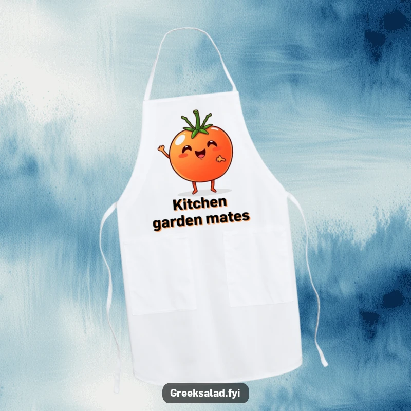 Funny Apron: Cheerful tomato with tiny legs cheering with a cucumber, ideal for festive cooking.