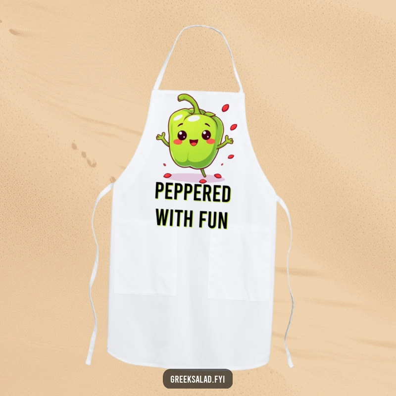 Funny cheerful bell pepper character bouncing playfully and scattering seeds on a kitchen apron, energetic kitchen fun funny gift.