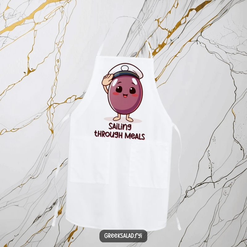 Funny apron featuring a cheerful Kalamata olive wearing a sailor hat and giving a salute, ideal for kitchen duty with a smile.