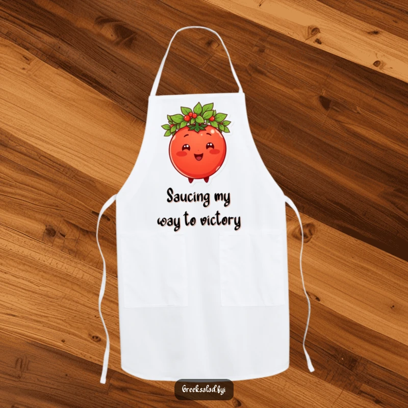 Funny tomato character wearing a laurel wreath, featured on a cooking apron, inspiring regal and humorous culinary endeavors.