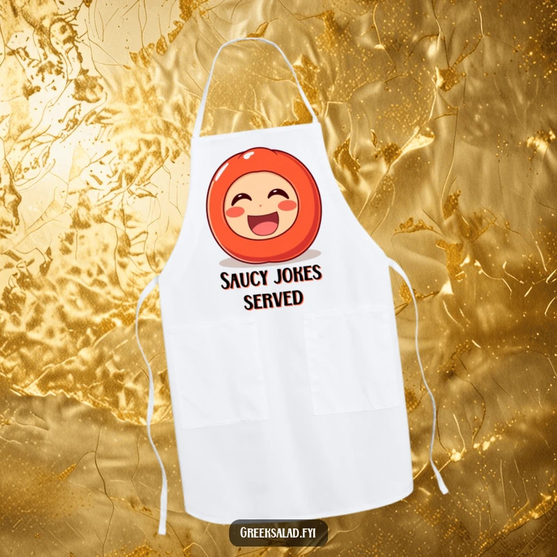 Funny apron design with a cheerful tomato character rolling with laughter, perfect for adding humor and fun to kitchen activities.