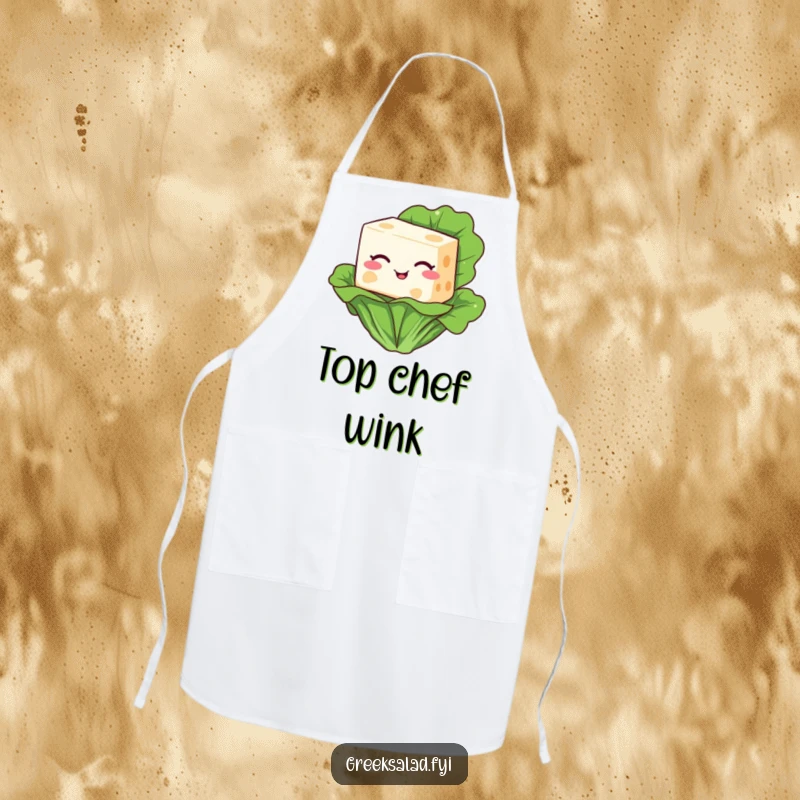 Funny cooking apron featuring a winking feta cheese block character resting on a lettuce leaf, adding kitchen humor.