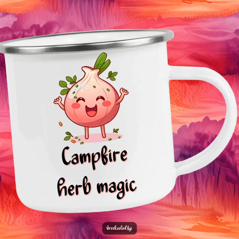 Funny grinning red onion ring character wiggling energetically and sprinkled with herbs on a durable camping mug, outdoor kitchen fun.