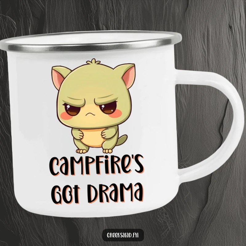 Funny camping mug with a grumpy olive character looking intrigued, perfect for enjoying beverages outdoors with a dose of wry, humorous observation.