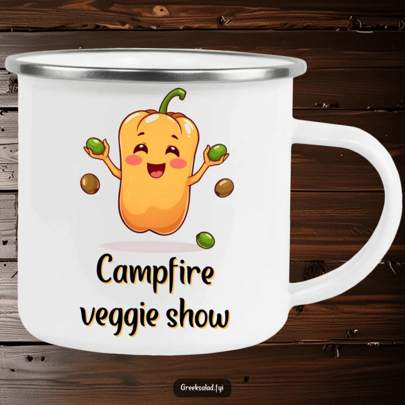 Funny camping mug with a bell pepper character juggling olives, ideal for outdoor enthusiasts who appreciate quirky and humorous designs.