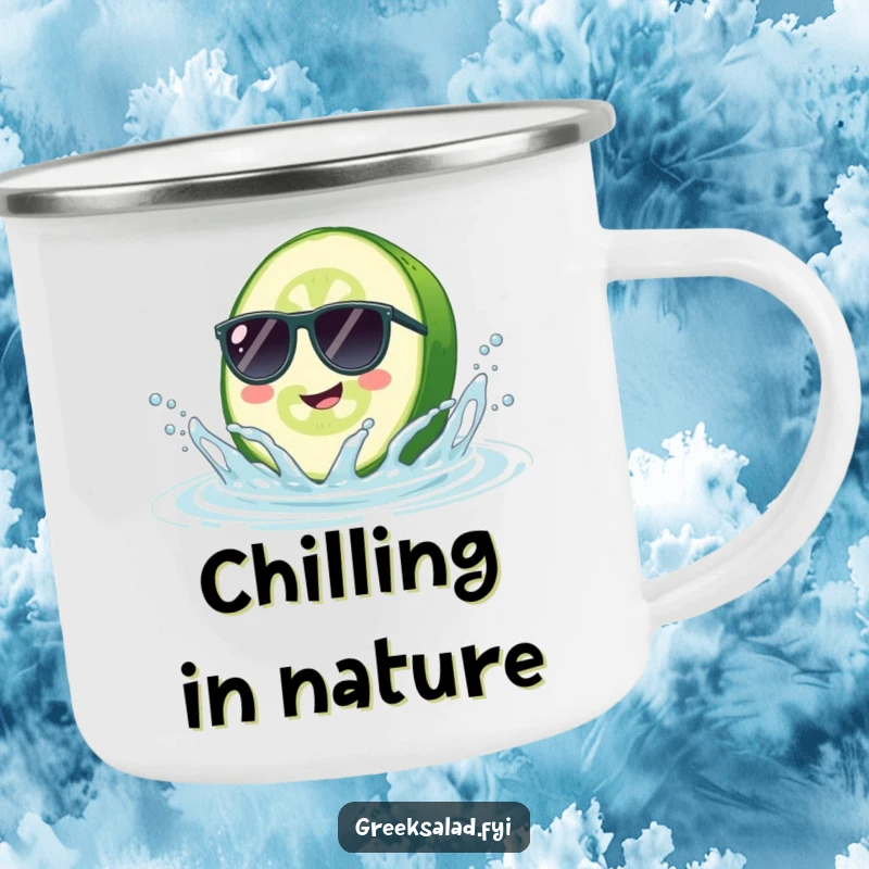Funny Cucumber Sunglasses Camping Mug: A cool cucumber with shades enjoys a splash, perfect for outdoor hydration.