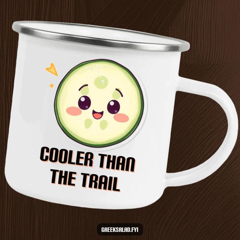 Funny camping mug featuring a delighted cucumber slice winking, built for adventure and laughs.