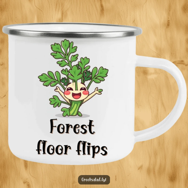 Funny Camping Mug: A happy parsley sprig joyfully does a somersault, ideal for humorous outdoor sipping.