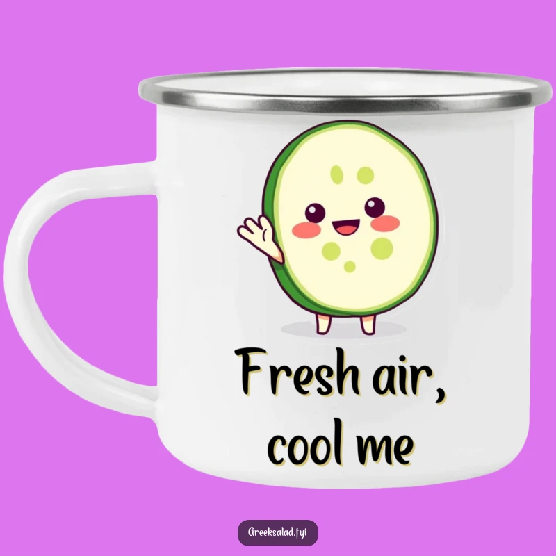 Funny Cucumber Camping Mug: Cheerful Waving Outdoor Veggie Gift