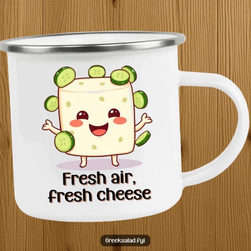 Funny feta cheese cube character happily juggling small cucumber slices, durable camping mug for outdoor use.