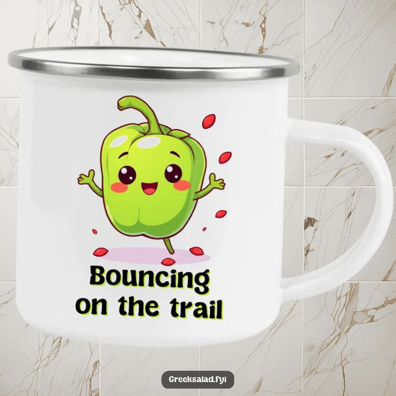 Funny cheerful bell pepper character bouncing playfully and scattering seeds on a durable camping mug, energetic outdoor adventures.
