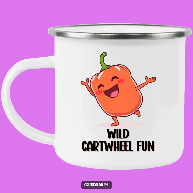 Funny Bell Pepper Cartwheel Camping Mug - Durable Energy, Outdoor Humor Gift