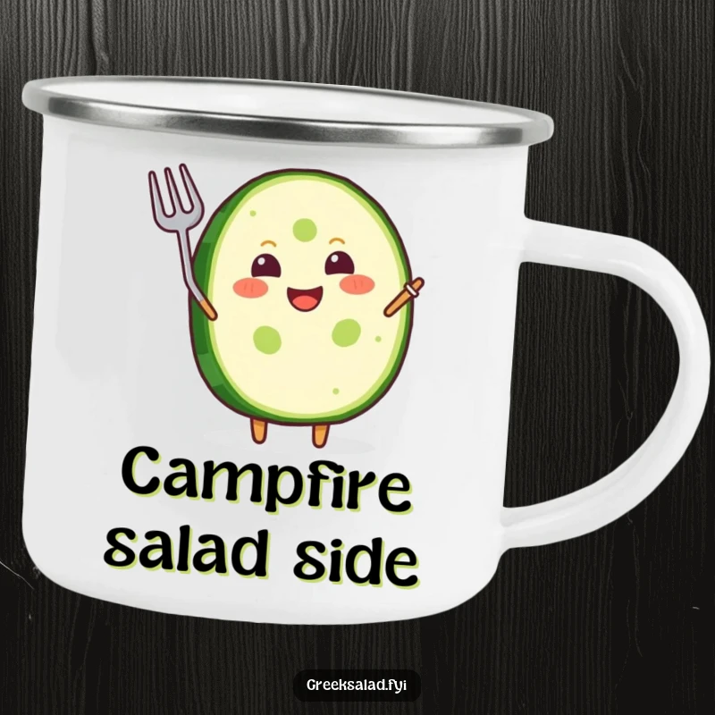 Funny Camping Mug: A grinning cucumber slice waves a tiny fork, ideal for humorous outdoor meals.