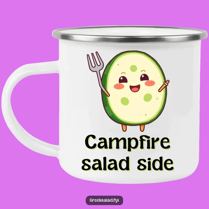 Funny Camping Mug: Grinning Cucumber, Waving Fork, Outdoor Fun