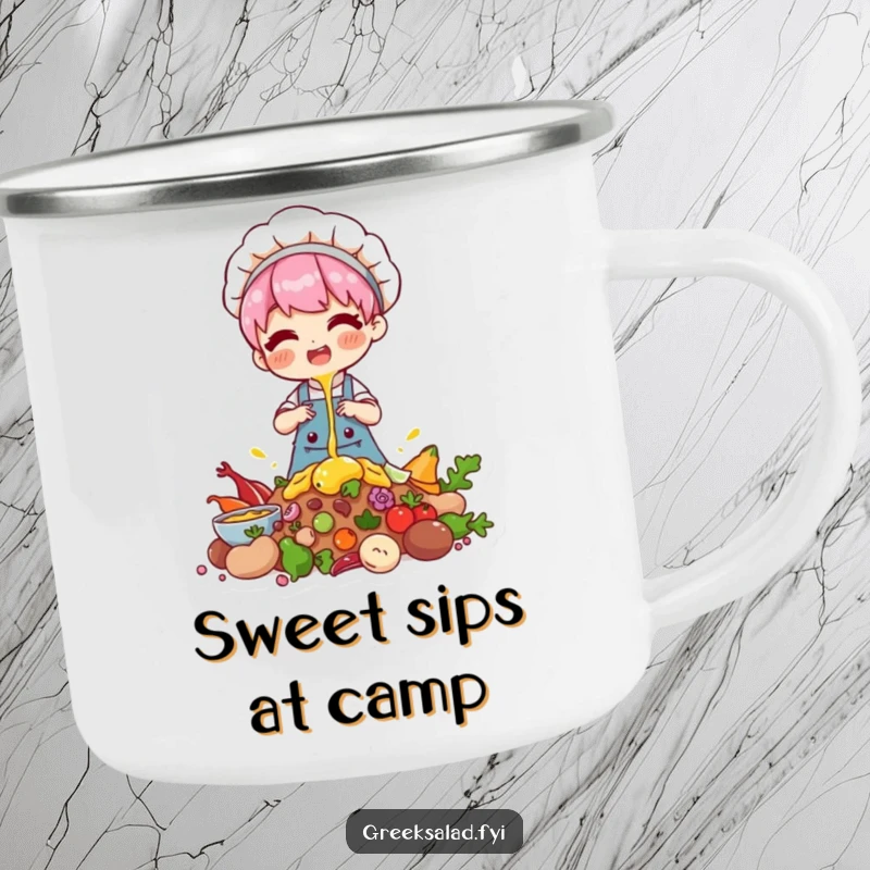 Funny camping mug with a chef character happily drizzling over ingredients, perfect for outdoor baking enthusiasts.