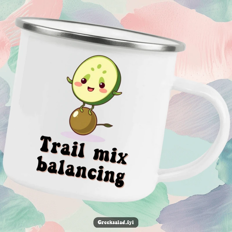 Funny camping mug with a cucumber balancing on an olive, ready for outdoor adventures and healthy humor.