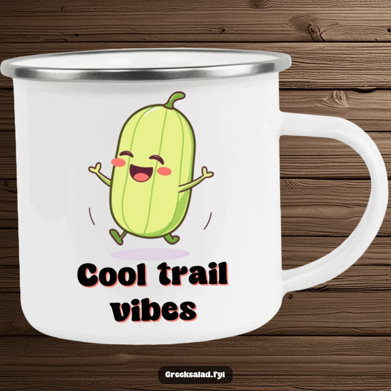 Funny cucumber camping mug with a cheerful character joyfully rolling, perfect for enjoying beverages during outdoor activities.