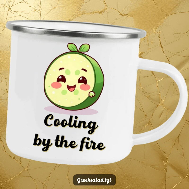 Funny delighted cucumber slice character with a cool expression and refreshing smile on a durable camping mug, cool outdoor refreshment.