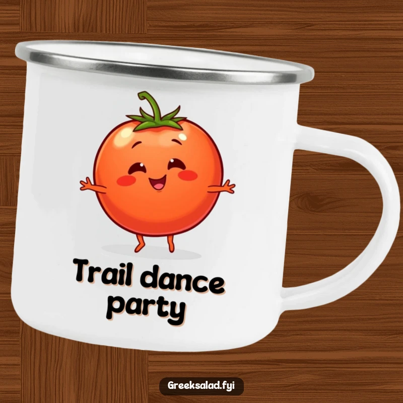 Funny camping mug with a smiling tomato character doing a lively dance, perfect for enjoying drinks outdoors.