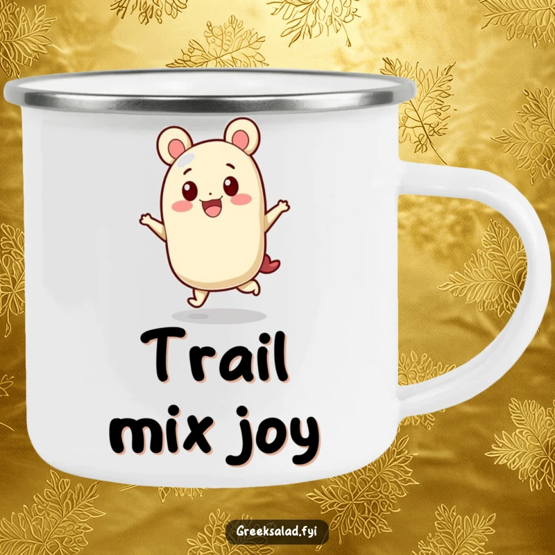 Funny, sturdy camping mug with a feta cheese character in a cheerful hop, perfect for outdoor enjoyment and cheesy fun.