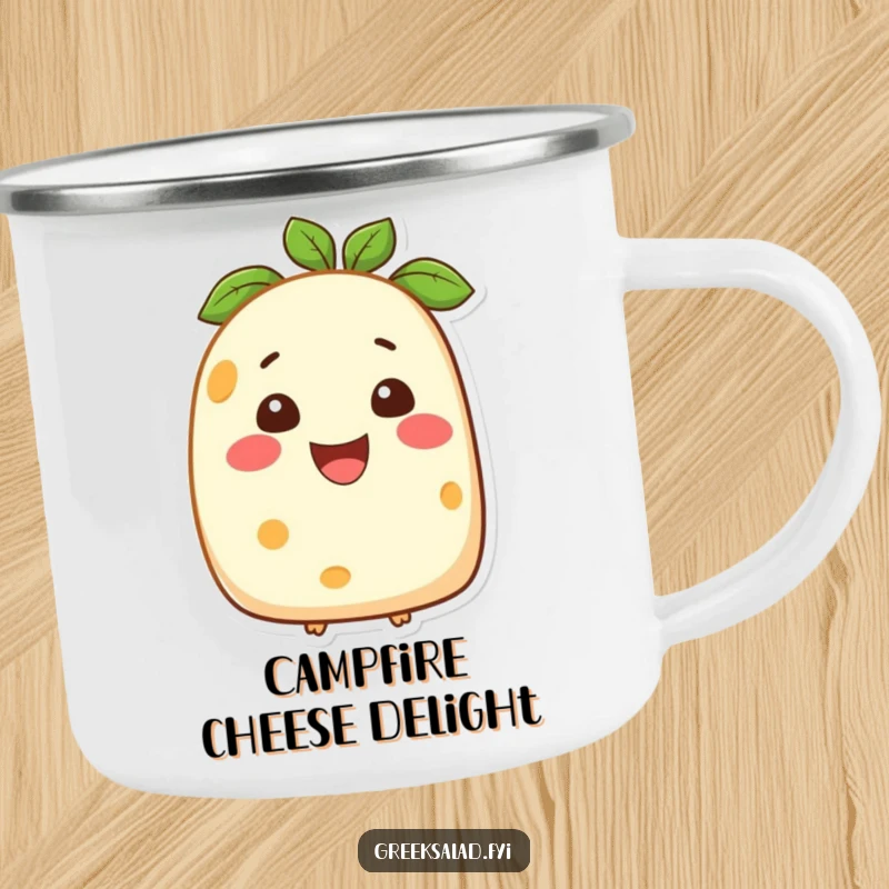 Funny camping mug featuring a smiling feta cheese character, perfect for enjoying drinks outdoors with a cheerful, dairy-themed twist.