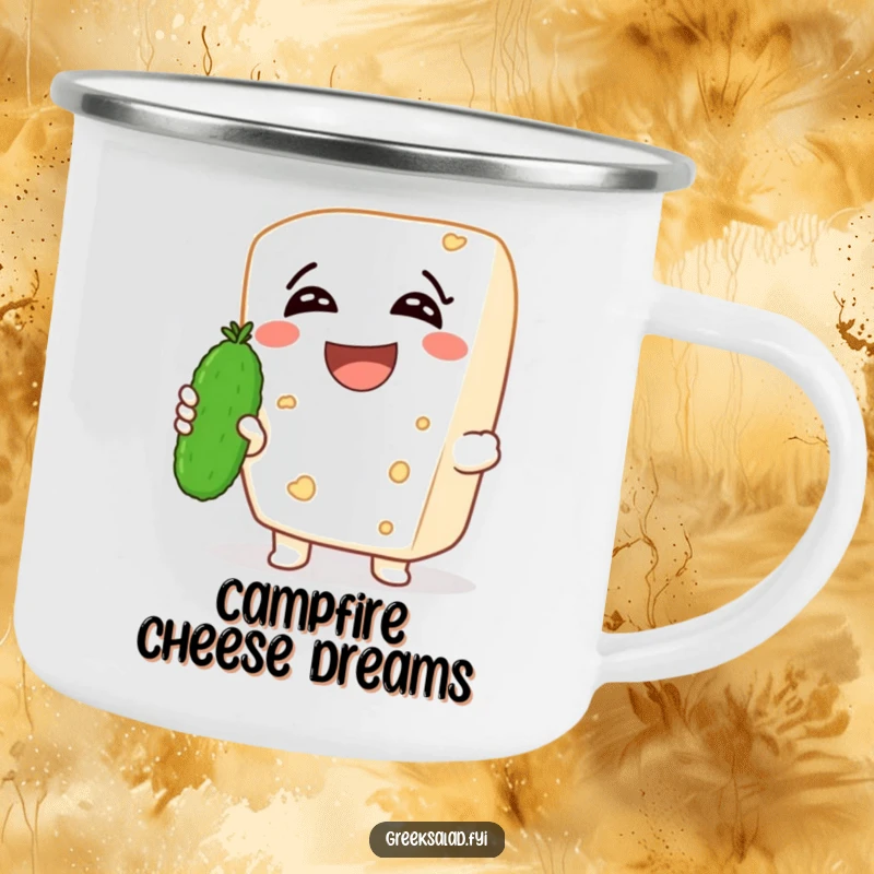 Funny camping mug with a laughing feta cheese character holding a tiny cucumber, durable and charming for outdoor cheesy fun.