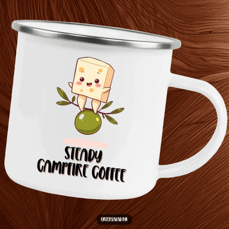 Funny camping mug featuring a feta cheese character comically balancing on an olive, perfect for gourmet outdoor fun.